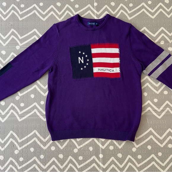 Vintage retro nautica knitted Y2K 80s funky purple USA sweater - Picture 2 of 9